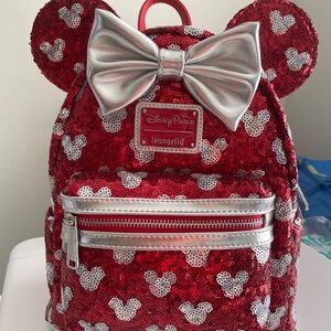 Loungefly Disney Parks Red and Silver Sequin Mini-Backpack